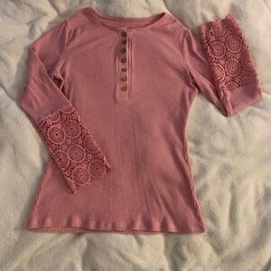 Women’s Pink Long Sleeve Ribbed Shirt Lace Button Up Size Large